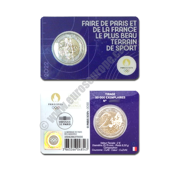 France 2022 Coin card Genius and the discus throw. Second of the series 2024 Summer Olympics (Blue)