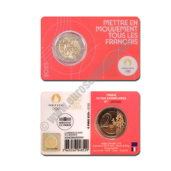 France 2022 Coin card Genius and the discus throw. Second of the series 2024 Summer Olympics (Red)
