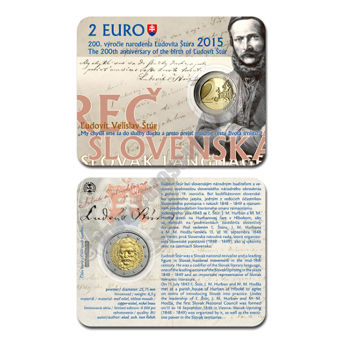 Slovakia 2015 Coin card 200th anniversary of the birth of Ľudovít Štúr