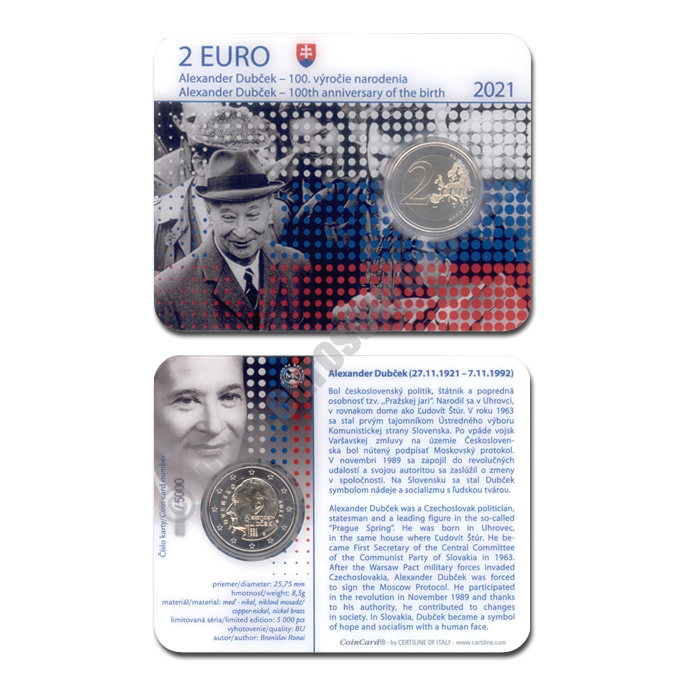 Slovakia 2021 Coin card The 100th anniversary of the birth of Alexander Dubček