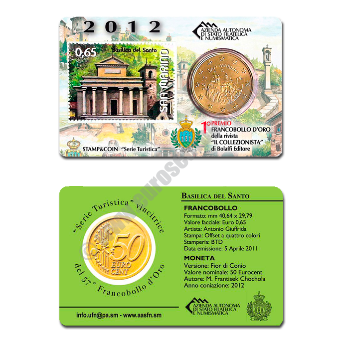 San Marino 2012 Coin and stamp Basilica del Santo
